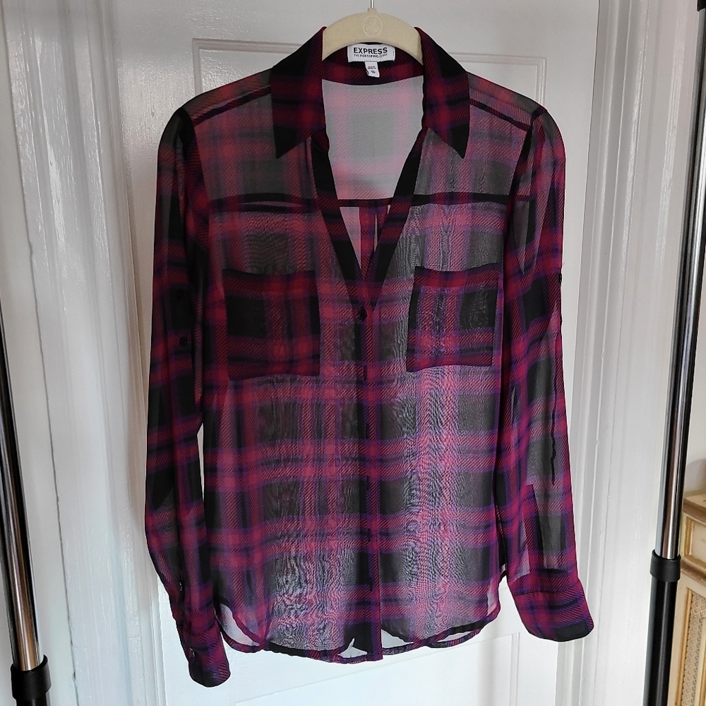 Express Women's The Portofino Shirt Sheer Plaid Long Sleeve Size Xsmall Business